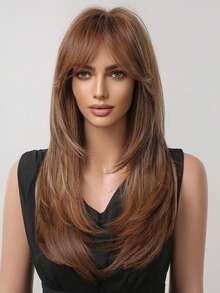22 Inch Long Straight Platinum Brown Golden Synthetic Wig, Natural Appearance, Heat Resistant Fiber, Suitable For Women's Daily Wear, Parties And Fashion Styling - 彩色 - 查看 4
