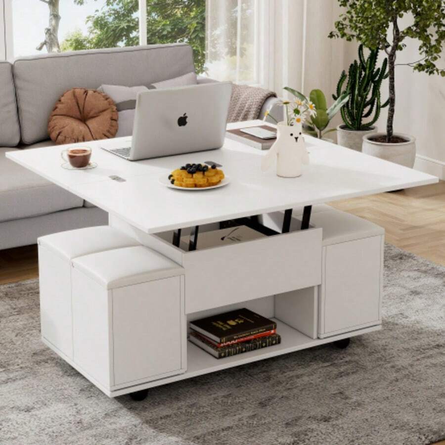 (Cambio de producto) Una mesa de centro multifuncional con tapa elevable: el escritorio se puede abrir en 2 mesas, blanco + blanco, gran capacidad, muebles de sala de estar modernos, oficina, mesa de comedor, mesa de ocio, mesa multifuncional - Blanco - Ver 1