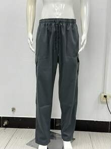 Men's Fashion Cargo Pants, Straight Leg, Elastic Waist, Loose Fit, Solid Color, Single Side Embroidered Logo, Long Pants - Grey - View 5