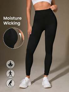 女士无缝高腰瑜伽紧身裤 - 运动跑步健身紧身裤，具有收腹、防摩擦、提臀和保暖功能 - 黑色 - 查看 2