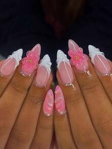 24pcs/Set Elegant Gradient Pink & White Almond-Shaped Nail Stickers With 3D Floral & Pearl Decor, Includes Gel Polish And Nail File, Suitable Girls/Women Daily, Party, Autumn Nails - 多色 9 - 查看 2