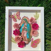 Shadow Box - Our Lady Of Guadalupe Decor Flower Frame Glass Photo - 棕色 - 查看 4