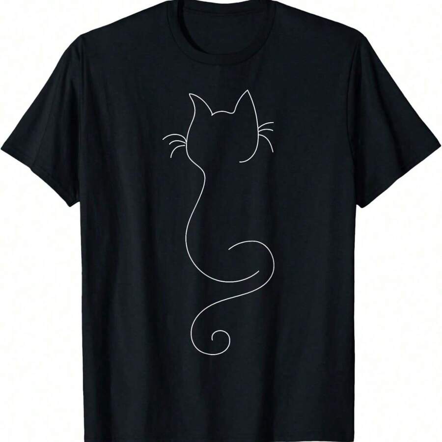 Simple Cat Outline Design Women's Cotton TShirt, Pure Cotton Premium Print, Durable And LongLasting, Casual Fashion Style - Negro - Ver 1