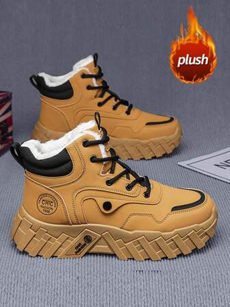 2025冬季新款男士靴子，复古厚底增高皮靴，卡其色保暖毛内里户外街头时尚摩托车骑行靴，欧美风户外旅行沙漠靴，中筒靴
