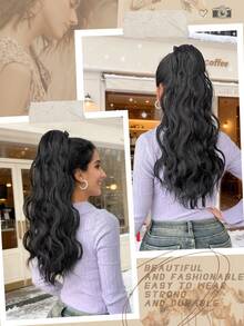 22英寸黑色波浪卷曲合成纤维夹式接发，可打造长马尾辫造型