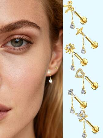 18G金色螺旋耳钉，闪亮透明锆石吊坠式耳骨耳环，平底推针式唇钉，适用于唇软骨、耳廓、耳屏等部位的穿孔，男女皆宜