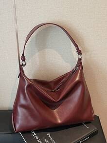 BEIKAMU New Fashion Solid Color PU Large Capacity Shoulder Bag, Versatile Hobo Bag, Suitable For University, Commuting, Shopping, Strolling, Daily Use - Burgundy - View 2