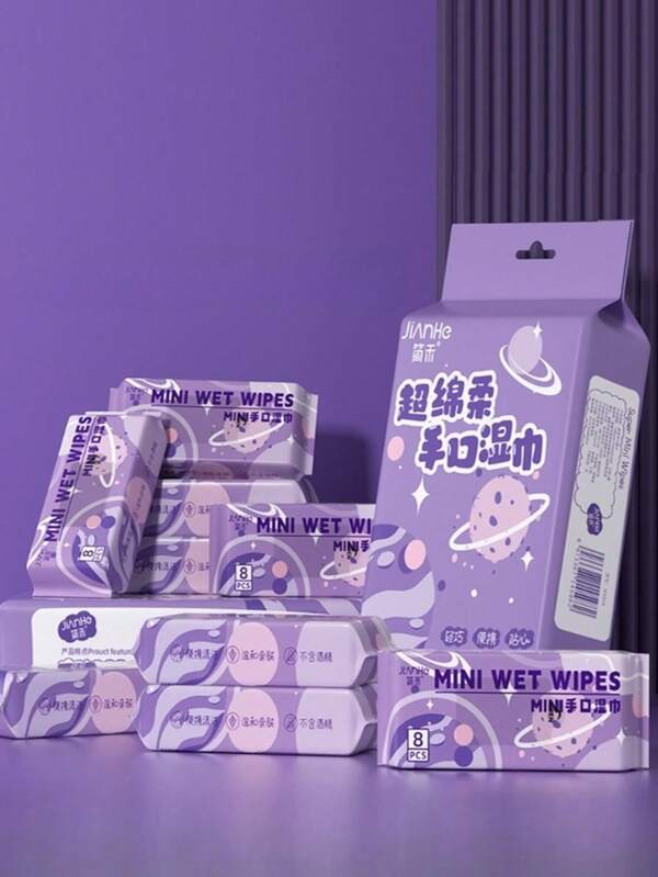 Toallitas húmedas portátiles mini, paquete pequeño portátil de toallitas húmedas para estudiantes, servilletas de luna púrpura