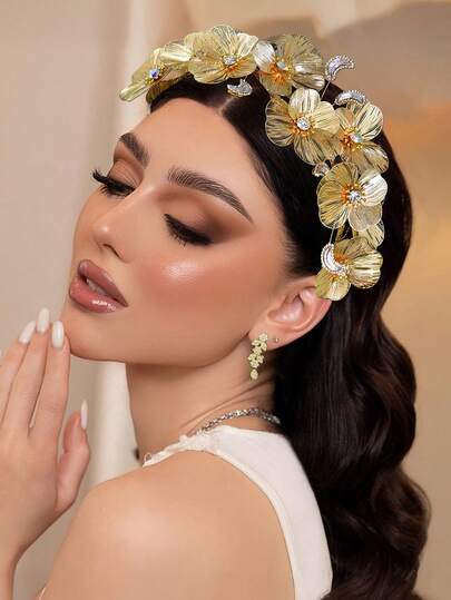 1件金色水晶花朵发箍，优雅串珠编织花环头饰，适合新娘、婚礼、节日、派对、约会、日常佩戴。