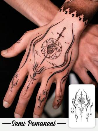 Herbal Temporary Tattoo Stickers Can Last For 7-14 Days. Cool Dark Aesthetic Geometric Lines And Heart-Through Patterns. Waterproof And Sweat-Proof. Washable And Non-Reflective. Simulated Arm And Shoulder Tattoos. Suitable For Fashionable People And Can Last For 3-5 Days.