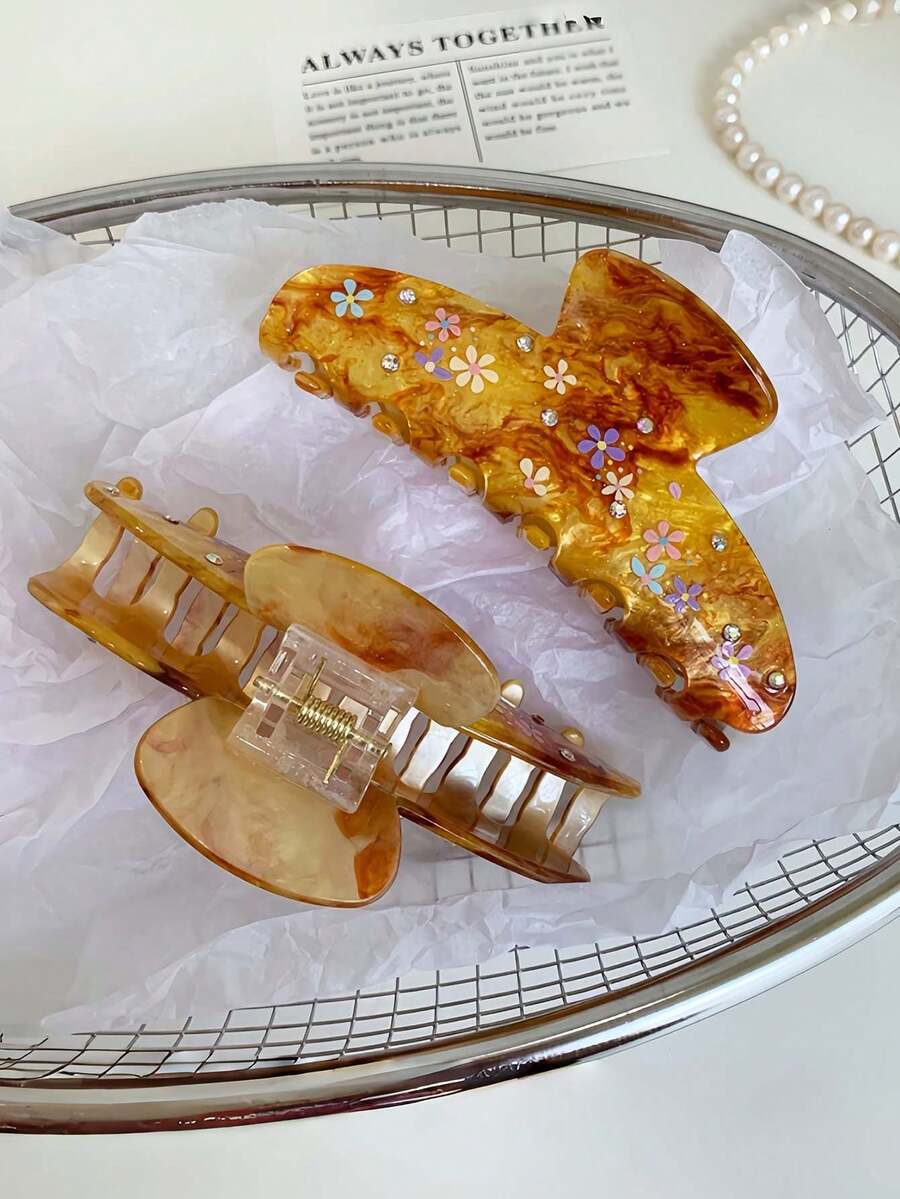 1 pezzo Fermaglio per capelli a fiore con strass, fermaglio per capelli in fibra di acetato resistente, fermaglio per capelli a fiore stellato color caramello, fermaglio per capelli retrò carino, accessorio per capelli da donna e ragazza, complemento di moda per outfit autunnali/invernali, elegante fermaglio per capelli - Multicolore - Visualizzare 1