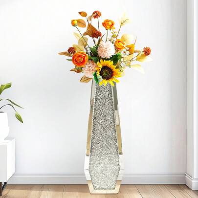 UNHO Silver Crystal Flower Vase 68 Cm High, Table Vase, Large Floor Vase, Glass Mirrored Diamonds, Decorative Luxury Vase For Living Room Home