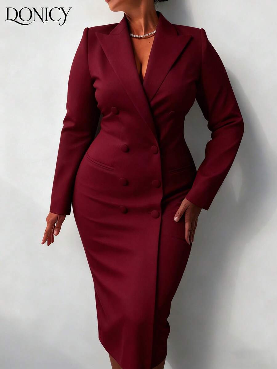 DONICY 大码女式春夏纯色双排扣假口袋长款西装外套，时尚简约优雅奢华，适合办公室通勤穿着，休闲、商务、正式场合、约会、购物等各种场合。