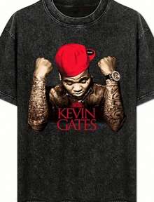 Kevin Gates Womens Loose Vintage Washed T-Shirt - Loose Fit Short Sleeve Graphic Print Casual Oversized Cotton Top Crew - 黑色 - 查看 1