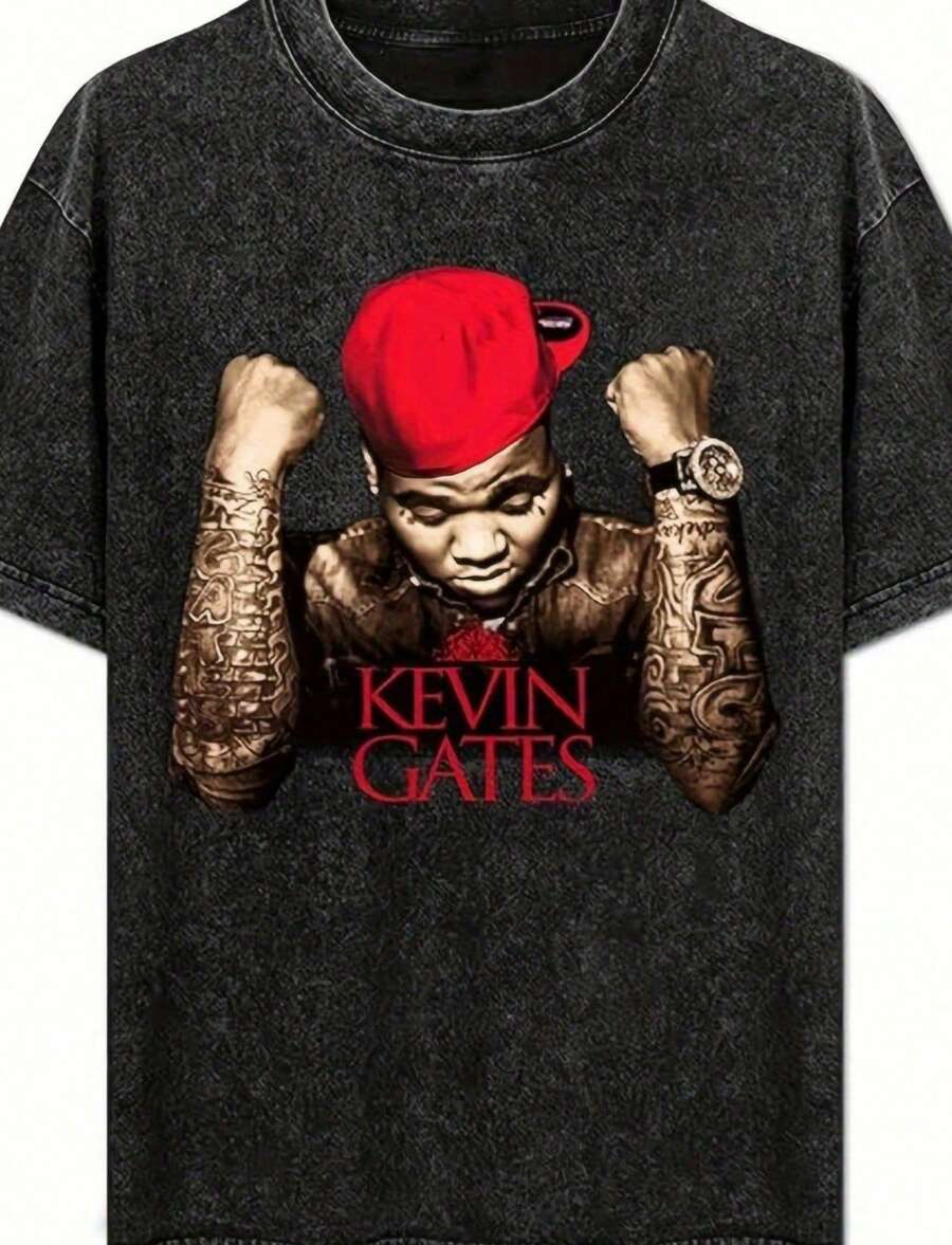 Kevin Gates Womens Loose Vintage Washed T-Shirt - Loose Fit Short Sleeve Graphic Print Casual Oversized Cotton Top Crew - 黑色 - 查看 1