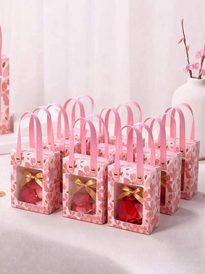 10 piezas/5 piezas Caja de regalo, Bolsa de regalo rosa con flores de cerezo huecas, Bolsa de tote portátil con asa, Bolsa de embalaje para hornear y dulces, Bolsa de embalaje con ventana transparente, Perfecto para el Día de San Valentín, cumpleaños, eventos de boda, aniversarios de boda, bolsas de embalaje decorativas para recuerdos, celebraciones festivas, suministros de embalaje de regalos para fiestas, Bolsa de regalo vertical