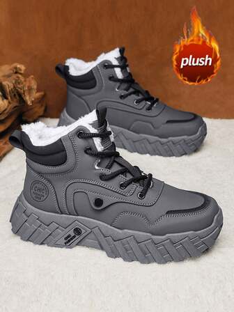 2025 Winter New Men's Boots, Retro Thick Sole Increase Height Leather Boots, Khaki Warm Fur Lining Outdoor Street Fashion Motorcycle Riding Boots, European And American Style Outdoor Travel Desert Boots, Mid-Calf Boots