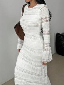 Women's Elegant Ruffle Trim Flare Sleeve Dress, Suitable For Wedding, Office, Daily Wear, Autumn