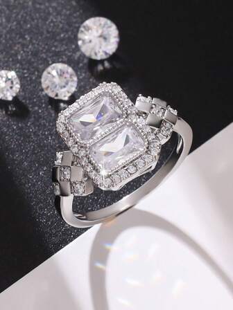 1 szt. Luksusowy, lśniący, kwadratowy pierścionek z cyrkonii sześciennej, klasyczny design, damski pierścionek zaręczynowy i zaręczynowy, prezent na rocznicę urodzin, ekskluzywny dodatek do biżuterii na bankiet