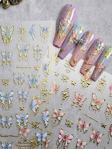 2 piezas/1 pieza Pegatinas de arte de uñas con relieve 5D de mariposa, pegatinas de uñas con diseño de mariposa dorada con brillo, calcomanías de arte de uñas para decoración de uñas, accesorios de uñas autoadhesivos para mujeres y niñas, pegatinas de uñas de mariposa de concha colorida estilo rococó - Multicolor - Ver 5