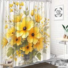 Floral Shower Curtain, Elegant Yellow Flowers Shower Curtain For Bathroom, Waterproof Fabric Shower Curtain Set With 7 Hooks 66x72 Inches Bathroom Accesssories Bathroom Deccor Bathroom Essentials Home DéCor - 彩色 - 查看 2
