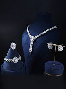 4pcs Platinum Plated Cubic Zirconia Fashion Statement Necklace, Earrings, Bracelet, Ring Set, Luxurious Sparkling Jewelry Set For Women - 4-piece Set Of Tassel and Main Stone Pendant - View 6