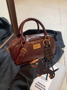1pc Plush Doll Decor Crossbody Tote Bag, Large Capacity Soft Leather Boston Handbag For Moms, Suitable For Commuting All Year Round - Burgundy - View 5
