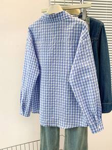 Spring Plaid Shirt With Dachshund Embroidery Pocket Casual Top - Light Blue - View 3