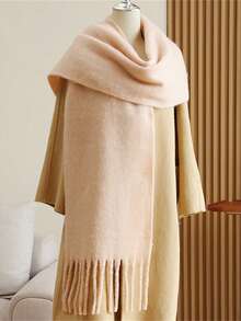 1pc Solid Color Scarf, Winter Warm Neck, Thickened Wool Knitted Thick Fringed Shawl, Can Be Worn - Khaki - View 3