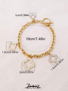1pc Stainless Steel Lucky Four-Leaf Clover Bracelet, Women Enamel Floral Pendant Chain Bracelet, Party Jewelry Gift - Bracelet - View 2