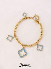 1pc Stainless Steel Lucky Four-Leaf Clover Bracelet, Women Enamel Floral Pendant Chain Bracelet, Party Jewelry Gift - Bracelet - View 11