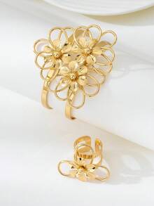 1 Set Minimalist Versatile Geometric Hollow Double-Layer Line Bracelet & Ring Jewelry Set, Gift For Women - Yellow Gold - View 5