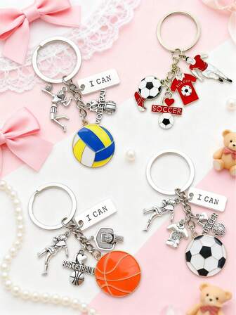 1pc All-In-One Volleyball/Football/Basketball Themed Keychain, Alloy Material With Volleyball Pendant And "I Love Volleyball", Basketball Hoop, Car/Bag Decor, Great Gift For Athletes And Sports Enthusiasts, School Bus Accessory, Cute Gothic & Millennium Style Bag Charm, Keychain With Badge Holder, Car Accessory, Bag Pendant, Christmas Gift Football Casual Zinc Alloy