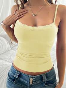 GAOVOT Women's Lace Patchwork Camisole, Sexy Fitted Y2K Style, Spring/Summer Casual - Yellow - View 2