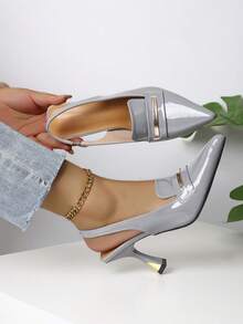 Women's Gray Patent Leather Slingback Heels Pointed Toe Heel Pumps - Xám - Xem 10