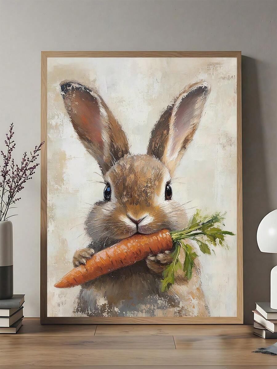 1pc Easter Bunny Print Cute Easter Rabbit Floral Spring Easter Bunny And Carrot Kids Room Wall Decor Easter Printable Vintage Decoration Rabbit Art, Bedroom Decor, Living Room Decor, Wall Art, Home Decor, Room Decor, Canvas Wall Art, Poster, Framed Wall Art, Frame Optional - Multicolor - View 1