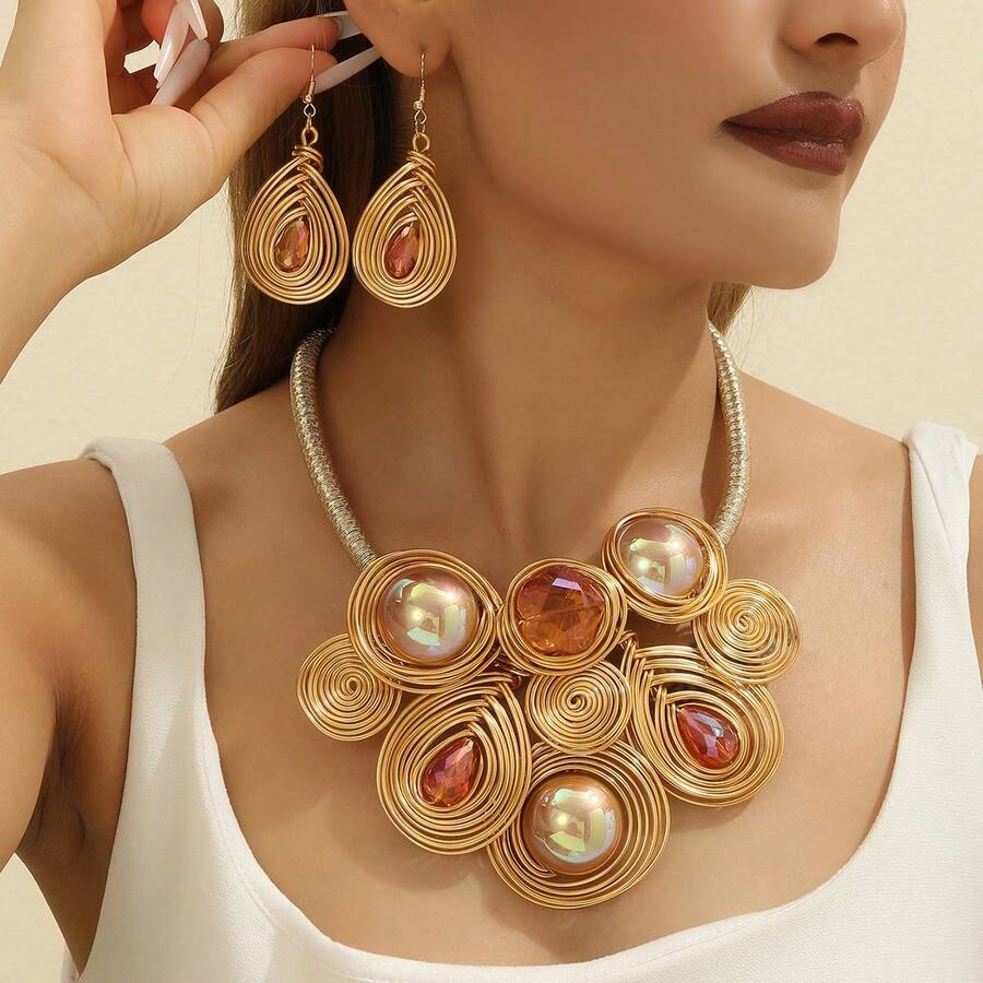 手工编织夸张多层铝丝波西米亚风欧美中东韩版晚宴假日女士项链耳环套装，配人造水晶 - 橘色 - 查看 1
