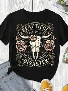 Beautiful Disaster  T Shirt With Bull Skull And Roses Print Est 2008 Stay Wild 100 Proof Graphic Design For Casual Wear And Fashion Statements, 220g - 黑色 - 查看 2