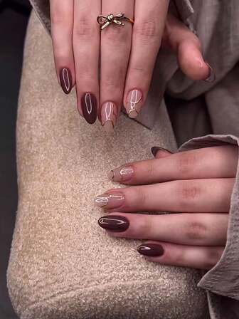 10 piezas de esmalte de uñas en forma de almendra hecho a mano en marrón con puntas afiladas, polvo de espejo mágico dorado, líneas irregulares, motas ámbar y negras. Sensación simple, elegante y de alta gama. Artículo de invierno. Se puede usar para cualquier ocasión. Diseño de uñas desmontable rápidamente con botón a presión.