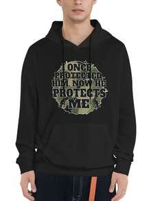 Men's Hoodie - Black Pattern Pullover With "I Once Protected Him, Now He Protects Me" Text, Camouflage Style, Front Pocket Design, Machine Washable, Suitable For Daily And Formal Occasions - Perfect Gift For Father, Husband, Partner, Holiday Outfit, Fashionable Casual Wear, Durable Structure, Must-Have For Father's Day - màu đen - Xem 1