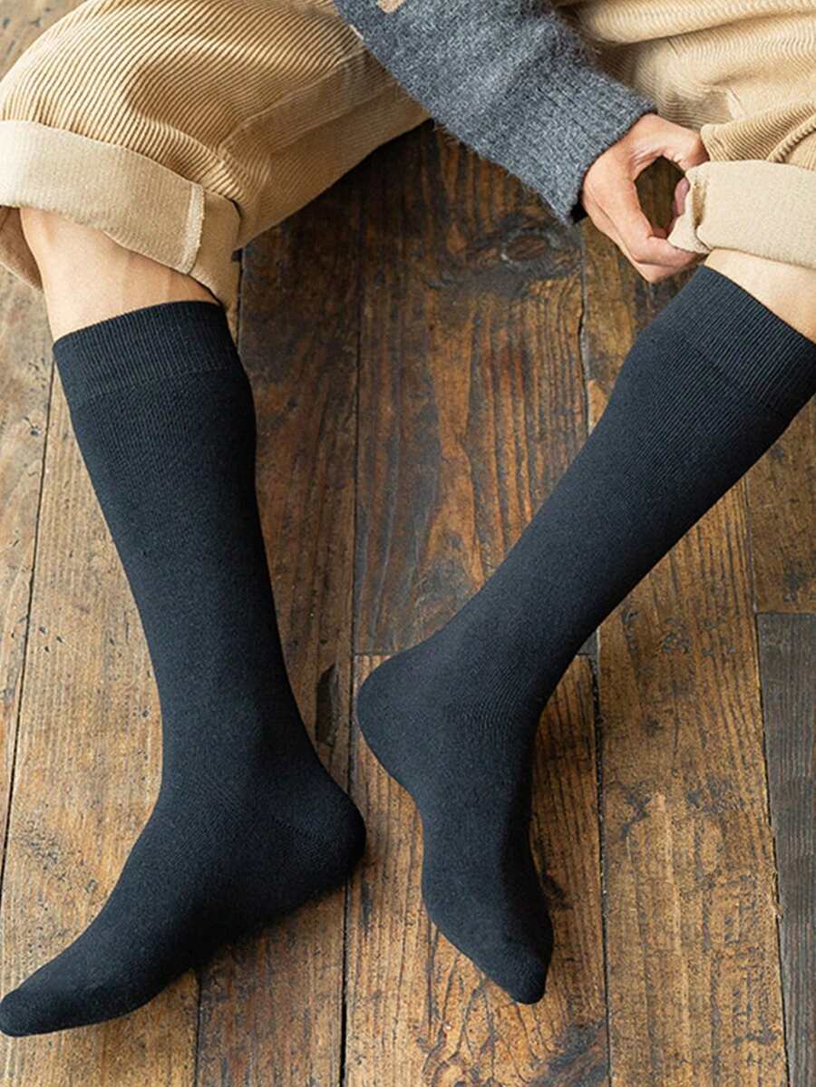 1 Pair Men's Long Casual Everyday Wear Calf Socks, Warm - Black - View 1