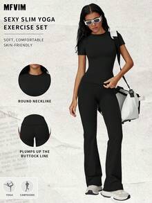 MFVIM Women's 2-Piece Sportswear Set, Short Sleeve Top And High-Waisted Flare Pants, Solid Color Slim Fit, Casual Outdoor Sports Fitness Suit, Suitable For All Seasons - Black - View 2