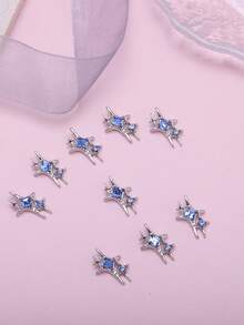 10pcs Charming Y2K Style Blue Cross Polaris Shaped Alloy Nail Jewelry Accessories Set, Korean And Japanese Hundreds Of Fashion Hot Girls 3D Nail Decorative Accessories For Cell Phone Cases, Fragrance Free DIY Rhinestone Decorative Sets, Designed For Girls, Women, Nail Gems, Nail Jewelry, Nail Supplies Gifts. Nails - Blue - View 3