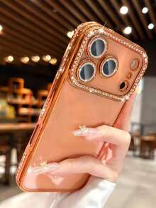 奢华电镀水钻透明手机壳，兼容 17 Pro Max、17 Pro、16、15、14、13、12 Pro Max、14、15、16 Plus、11、17、13，闪亮亮片镜头保护套 - 橘色 - 查看 3