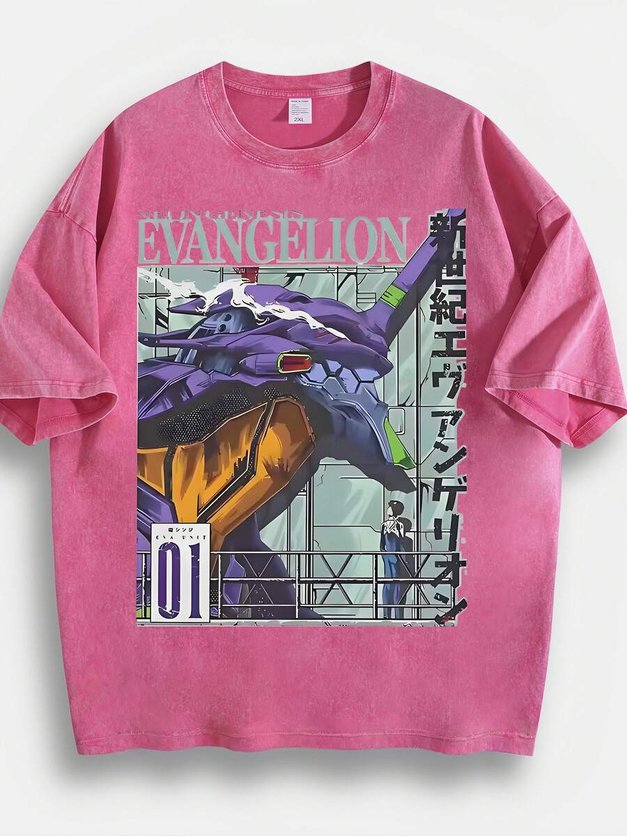 Washed T-Shirt Unisex | Retro Mecha Graphic | Anime Print Short Sleeve - 玫紅色02 - 查看 1