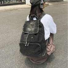 Thickened Denim, Durable And Wear-Resistant, New Style Women's Backpack With Drawstring Closure, Large Capacity, Multiple Pockets, Stylish And Perfect For Travel And Back To School. - Màu xanh bụi bặm - Xem 5