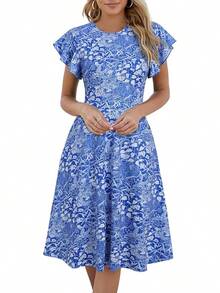 Women's Semi-Formal Ruffle Sleeve V-Back Work Fit And Flare Cocktail Knee Length Dress With Pockets, 2025 Style - 皇家花卉 - 查看 11