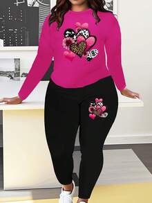 Valentine's Day Fashion Women's Casual Outfit, Featuring A Unique Heart-Shaped Pattern, Includes A Long-Sleeve Top And Long Pants With An Overall Stylish Print Design. - 彩色 - 查看 1