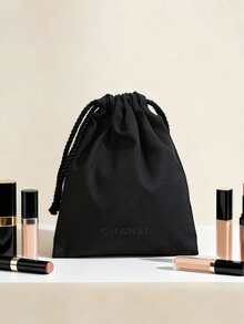 CHANEL Black Drawstring Soft Padded Makeup Bag, Flannel Fabric Cosmetic Storage Organizer, Multi-Functional Travel Pouch - Black - View 2