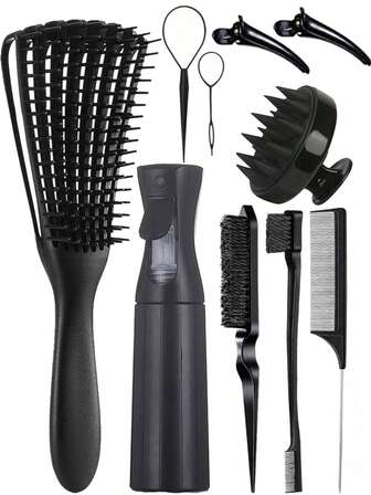 这款防缠绕通风梳配有喷雾瓶、头皮按摩器、边缘梳、尖尾梳、环形工具和分区夹，是卷发、假发、辫子和日常护发的完整造型套装。